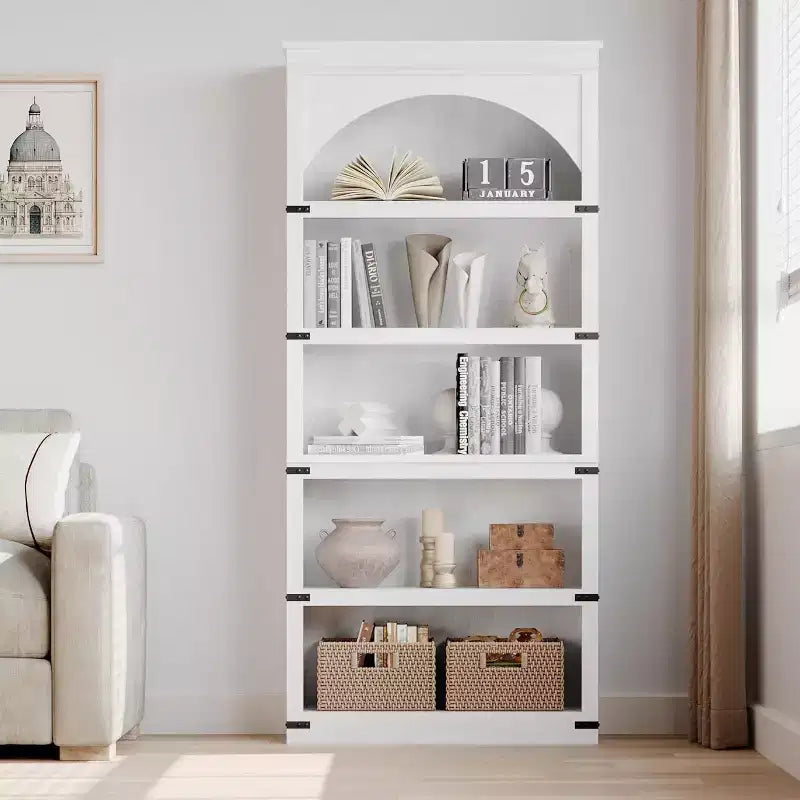 Étagère bibliothèque haute et arquée de 174,5 cm avec rangement, bibliothèque de ferme à 5 niveaux, étagères en bois pour bureau à domicile, salon