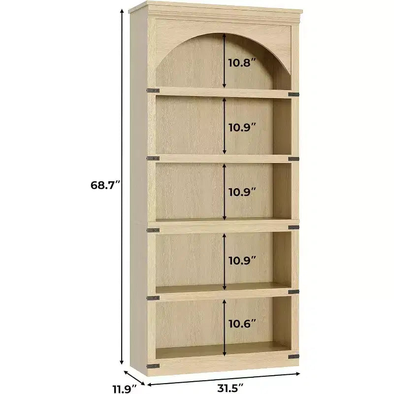 Étagère bibliothèque haute et arquée de 174,5 cm avec rangement, bibliothèque de ferme à 5 niveaux, étagères en bois pour bureau à domicile, salon