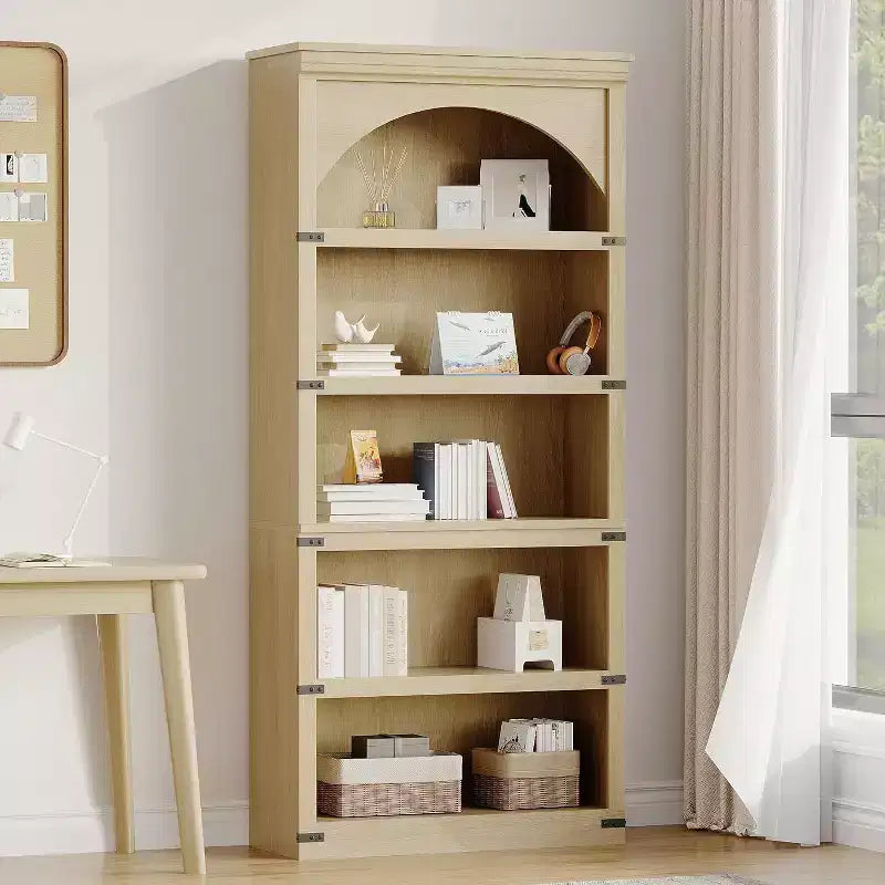 Étagère bibliothèque haute et arquée de 174,5 cm avec rangement, bibliothèque de ferme à 5 niveaux, étagères en bois pour bureau à domicile, salon