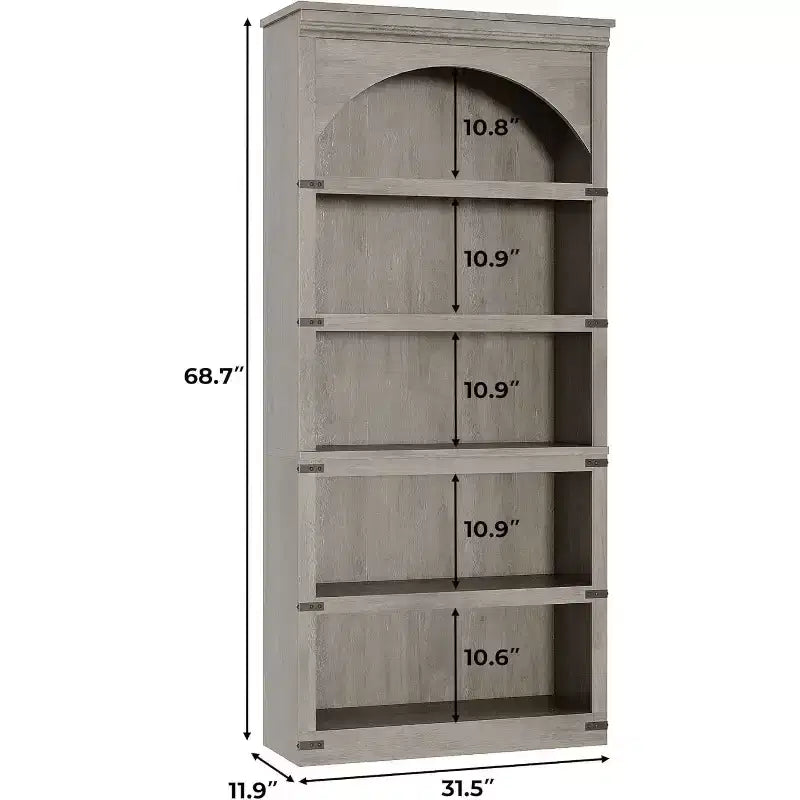 Étagère bibliothèque haute et arquée de 174,5 cm avec rangement, bibliothèque de ferme à 5 niveaux, étagères en bois pour bureau à domicile, salon