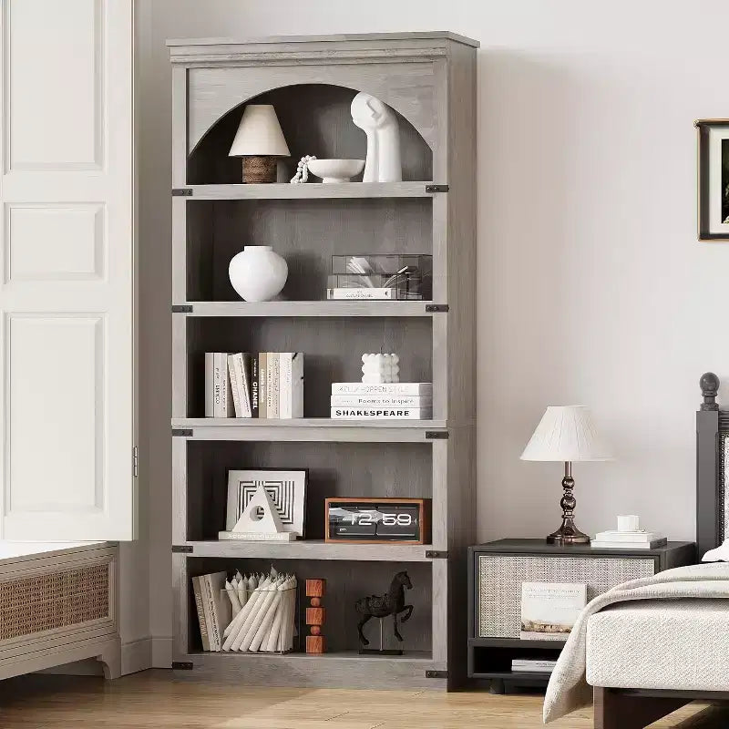 Étagère bibliothèque haute et arquée de 174,5 cm avec rangement, bibliothèque de ferme à 5 niveaux, étagères en bois pour bureau à domicile, salon