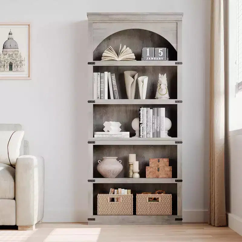 Étagère bibliothèque haute et arquée de 174,5 cm avec rangement, bibliothèque de ferme à 5 niveaux, étagères en bois pour bureau à domicile, salon