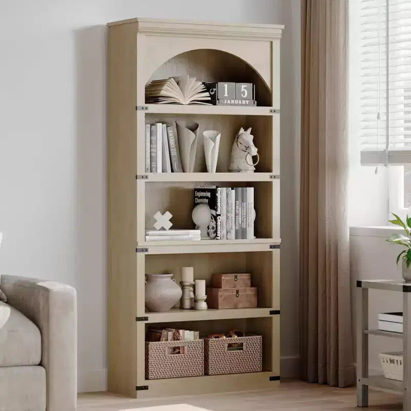 Étagère bibliothèque haute et arquée de 174,5 cm avec rangement, bibliothèque de ferme à 5 niveaux, étagères en bois pour bureau à domicile, salon