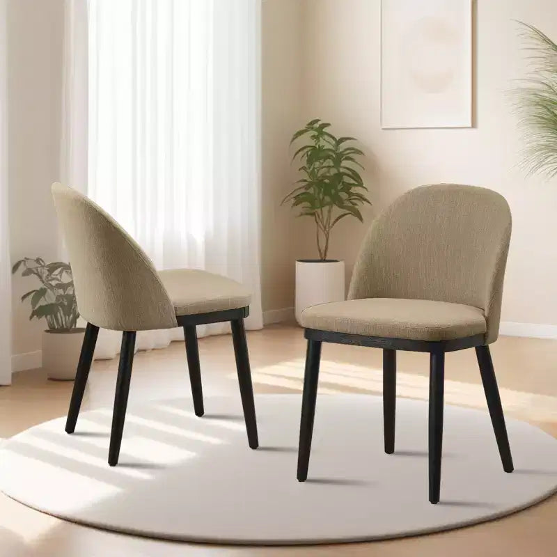 Lot de 2 chaises de salle à manger sans accoudoirs avec dossier incurvé et pieds en bois pour restaurant/café, en tissu moderne rembourré