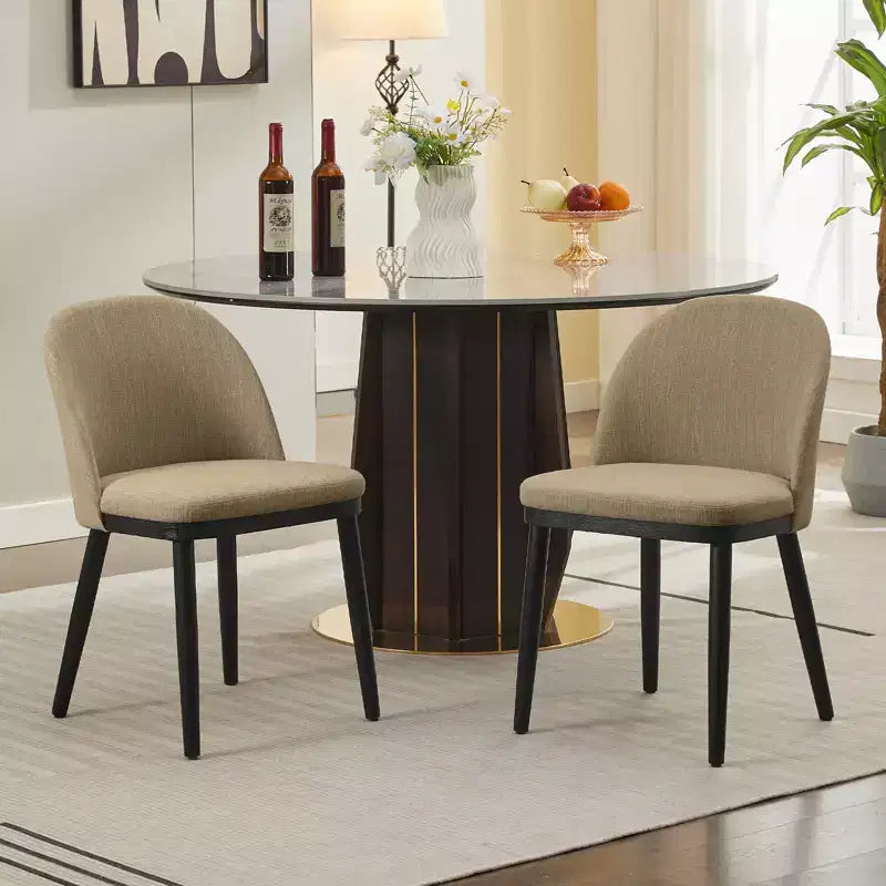 Lot de 2 chaises de salle à manger sans accoudoirs avec dossier incurvé et pieds en bois pour restaurant/café, en tissu moderne rembourré