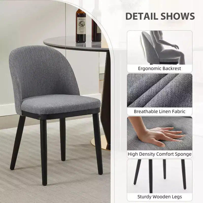 Lot de 2 chaises de salle à manger sans accoudoirs avec dossier incurvé et pieds en bois pour restaurant/café, en tissu moderne rembourré