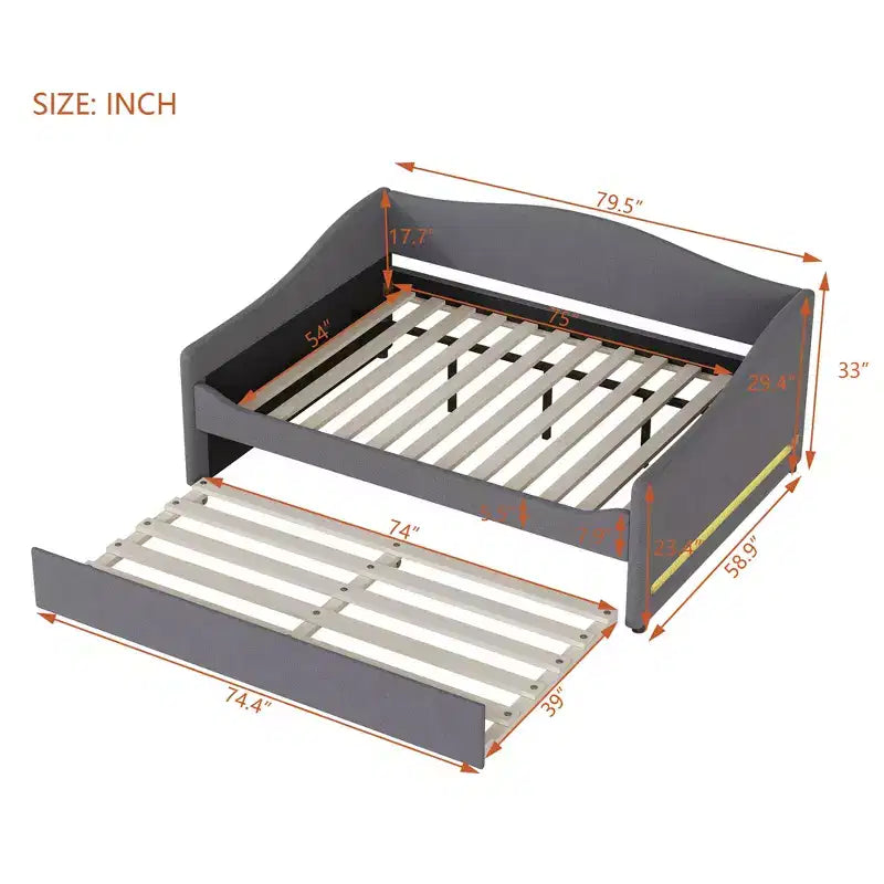 Bellemave Lit de repos double capitonné avec lit gigogne, cadre de lit de repos double en polaire Teddy, pour chambre à coucher, salon, gris
