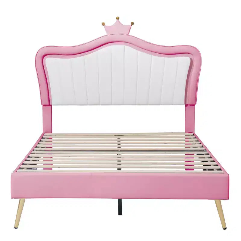 Bellemave Crown Headboard Full Size Princess Bed for Girls,Upholstered Full Bed Frame with LED Lights for Kids,Pink