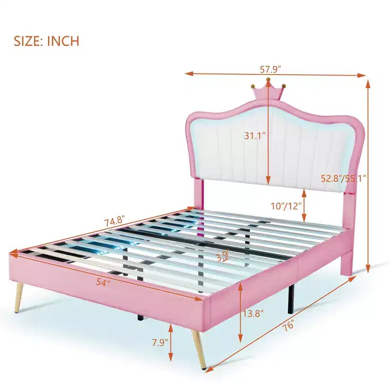 Bellemave Tête de lit Couronne Grand Lit Princesse pour Filles, Cadre de Lit Capitonnée avec Lumières LED pour Enfants, Rose