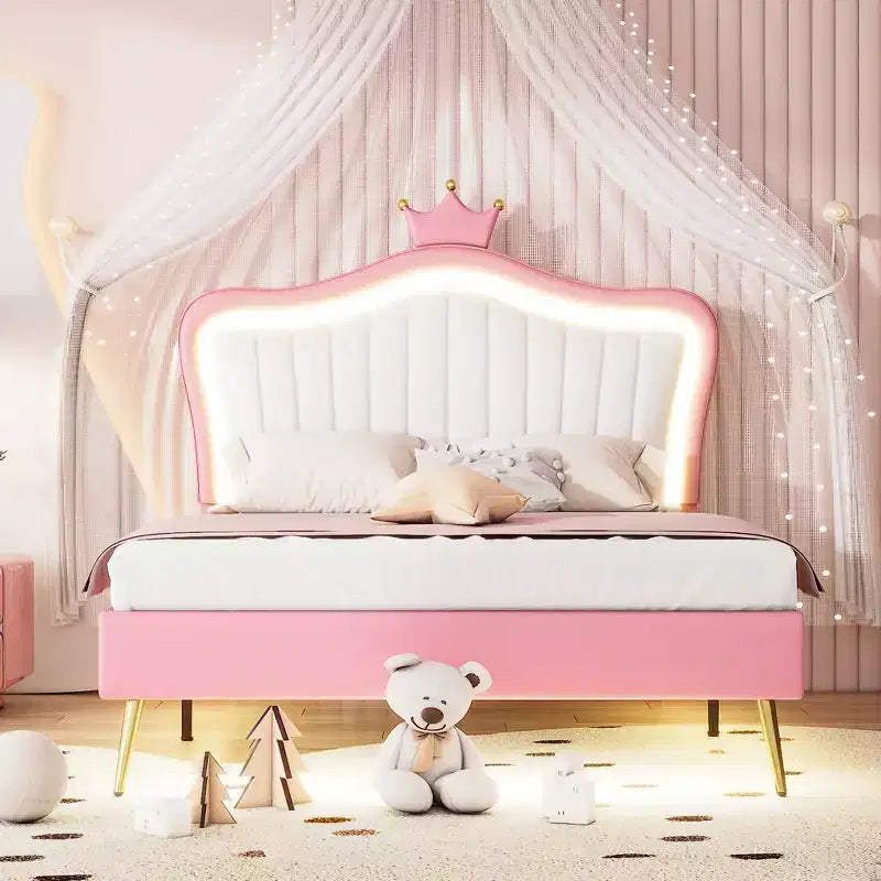 Bellemave Tête de lit Couronne Grand Lit Princesse pour Filles, Cadre de Lit Capitonnée avec Lumières LED pour Enfants, Rose