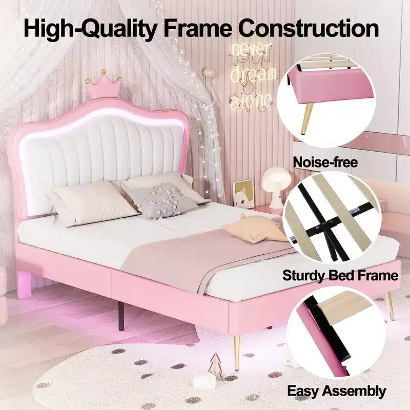 Bellemave Tête de lit Couronne Grand Lit Princesse pour Filles, Cadre de Lit Capitonnée avec Lumières LED pour Enfants, Rose