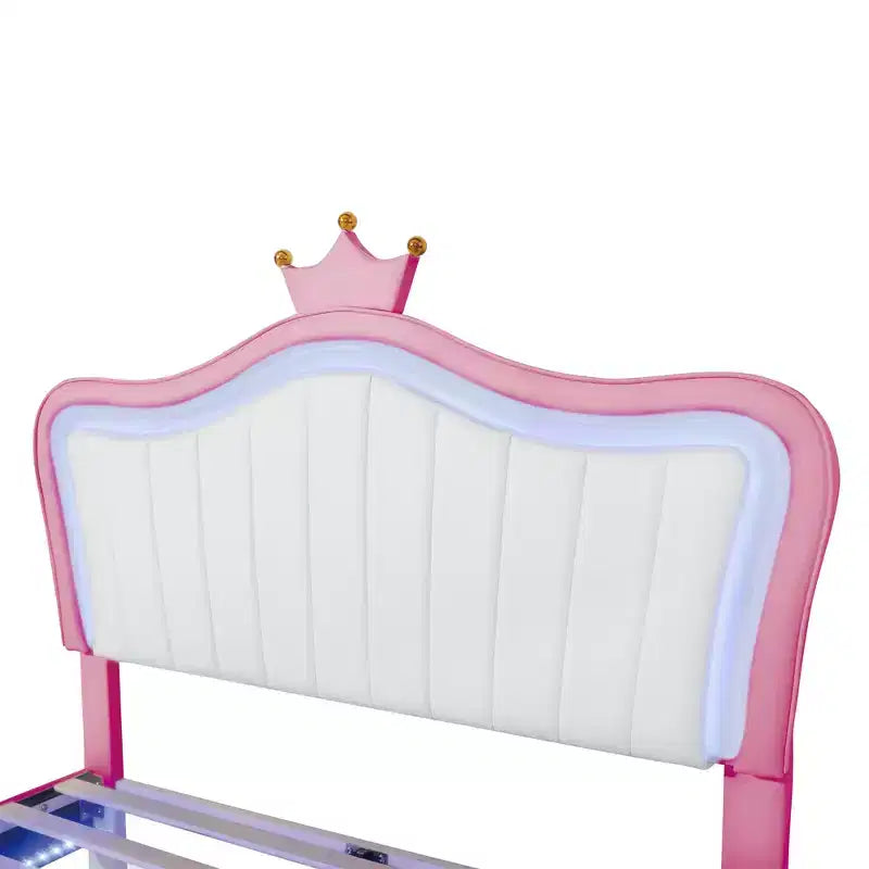 Bellemave Tête de lit Couronne Grand Lit Princesse pour Filles, Cadre de Lit Capitonnée avec Lumières LED pour Enfants, Rose