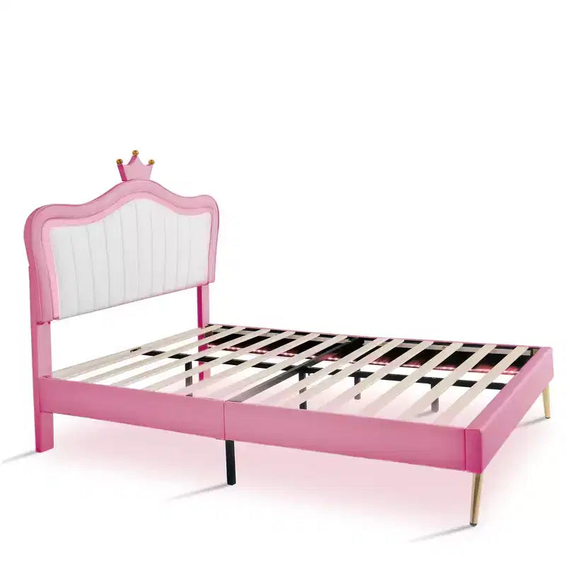 Bellemave Tête de lit Couronne Grand Lit Princesse pour Filles, Cadre de Lit Capitonnée avec Lumières LED pour Enfants, Rose