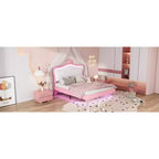 Bellemave Tête de lit Couronne Grand Lit Princesse pour Filles, Cadre de Lit Capitonnée avec Lumières LED pour Enfants, Rose
