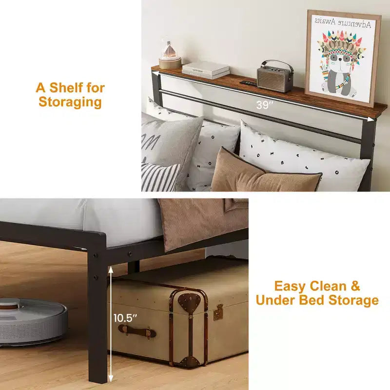 Cadre de lit Heynemo, lit plateforme industriel vintage avec rangement, tête de lit en bois, rangement rétro, lumières LED, station de charge, conception silencieuse