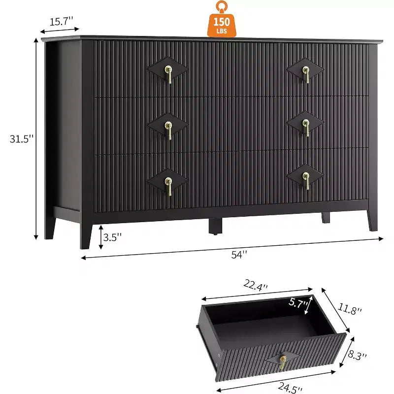 Coiffeuse de chambre à coucher avec 6 tiroirs, commode moderne de 137 cm de large avec poignées en métal, meuble de rangement en bois pour chambre, salon, couloir