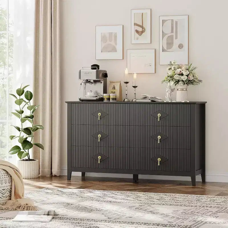Coiffeuse de chambre à coucher avec 6 tiroirs, commode moderne de 137 cm de large avec poignées en métal, meuble de rangement en bois pour chambre, salon, couloir