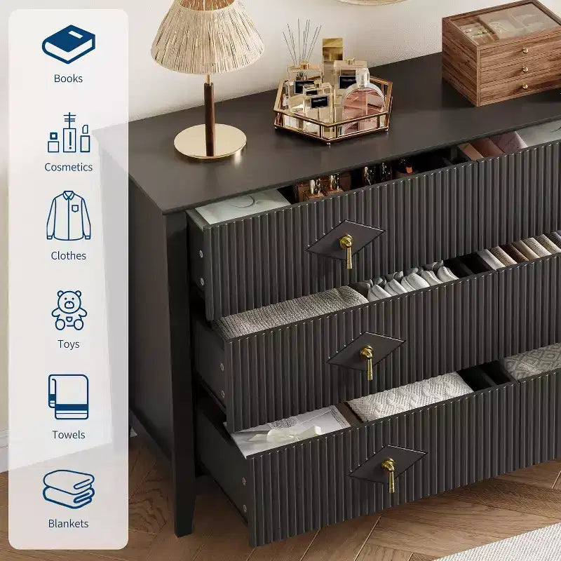 Coiffeuse de chambre à coucher avec 6 tiroirs, commode moderne de 137 cm de large avec poignées en métal, meuble de rangement en bois pour chambre, salon, couloir