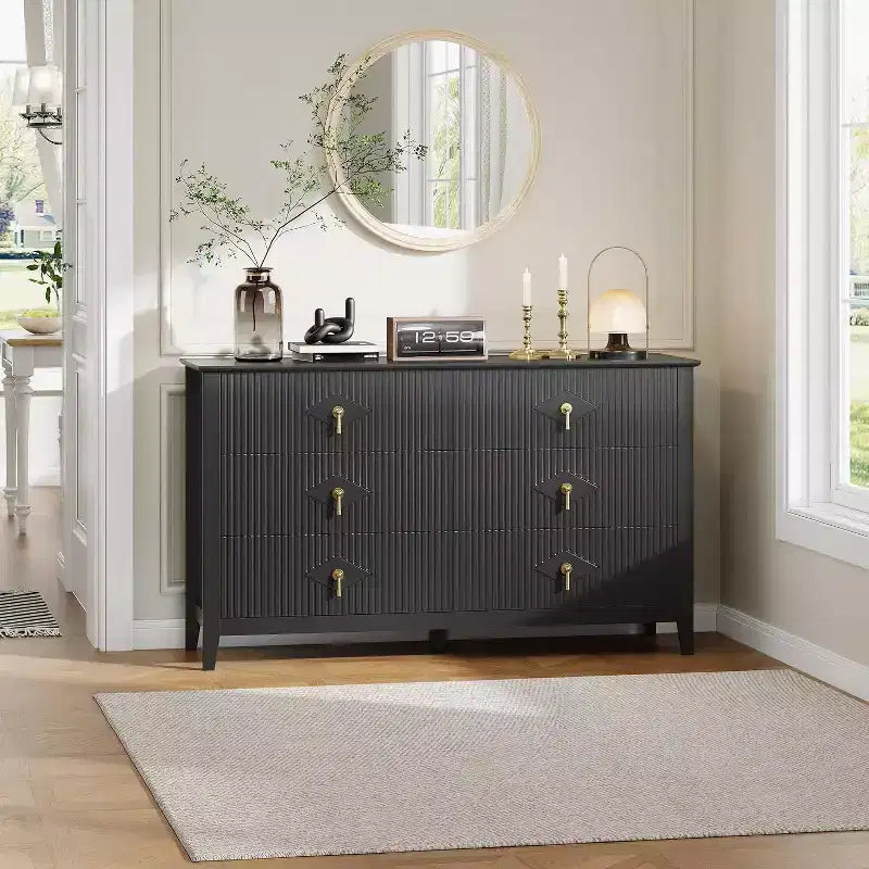 Coiffeuse de chambre à coucher avec 6 tiroirs, commode moderne de 137 cm de large avec poignées en métal, meuble de rangement en bois pour chambre, salon, couloir
