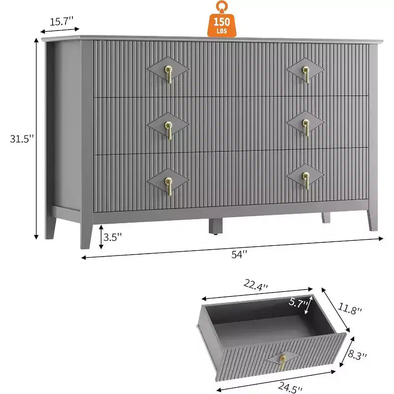 Coiffeuse de chambre à coucher avec 6 tiroirs, commode moderne de 137 cm de large avec poignées en métal, meuble de rangement en bois pour chambre, salon, couloir