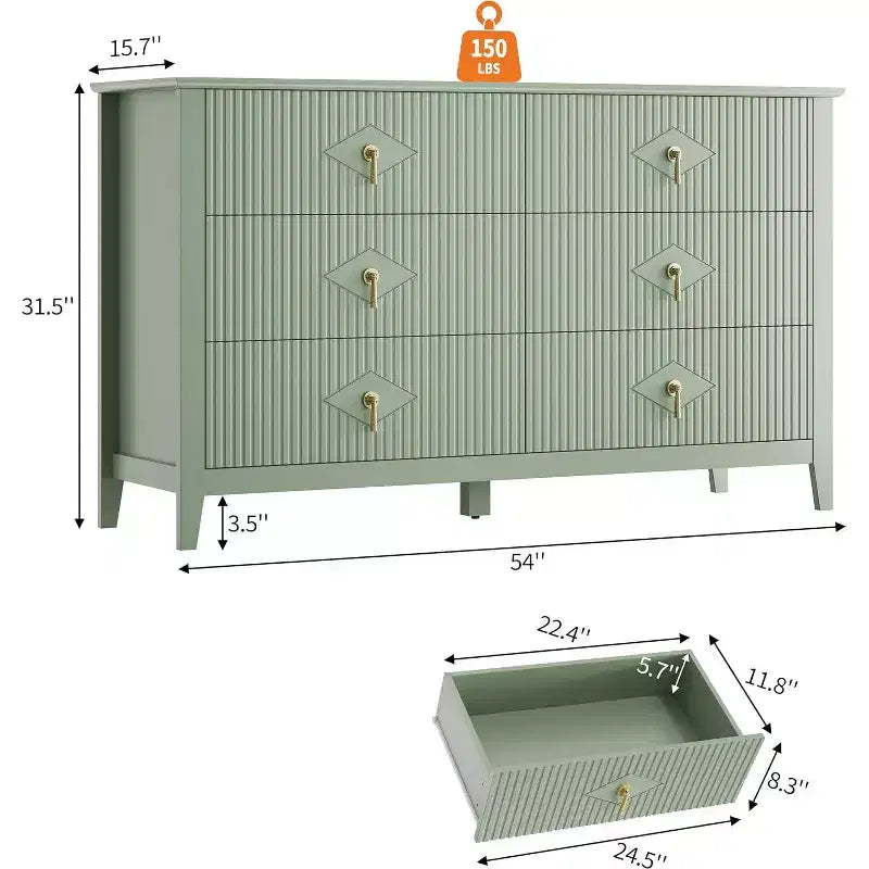 Coiffeuse de chambre à coucher avec 6 tiroirs, commode moderne de 137 cm de large avec poignées en métal, meuble de rangement en bois pour chambre, salon, couloir
