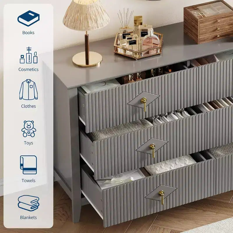 Coiffeuse de chambre à coucher avec 6 tiroirs, commode moderne de 137 cm de large avec poignées en métal, meuble de rangement en bois pour chambre, salon, couloir