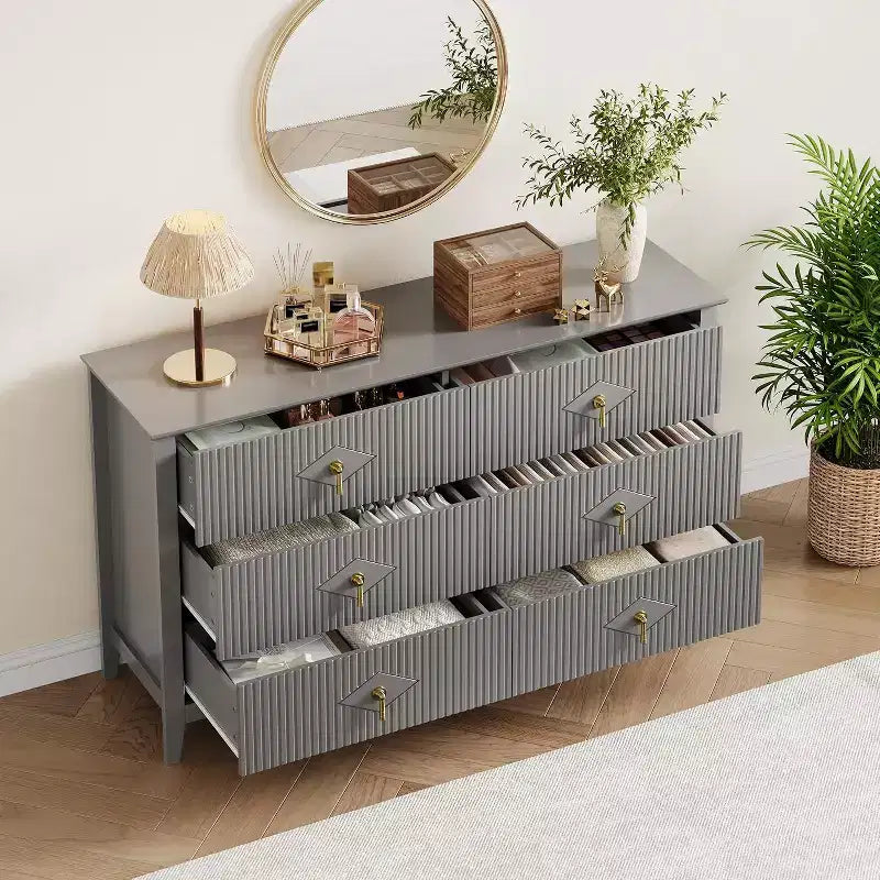 Coiffeuse de chambre à coucher avec 6 tiroirs, commode moderne de 137 cm de large avec poignées en métal, meuble de rangement en bois pour chambre, salon, couloir