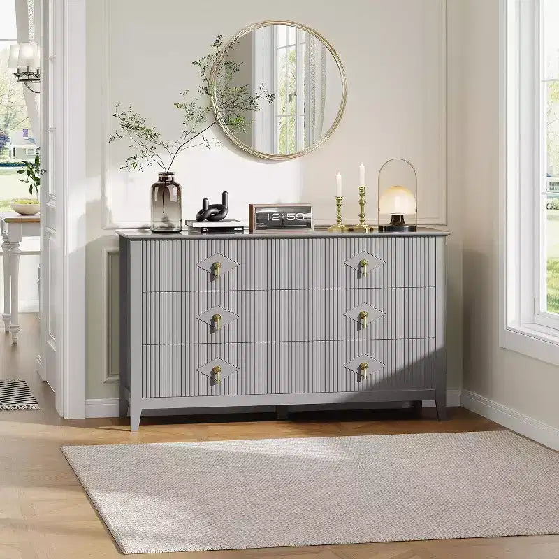 Coiffeuse de chambre à coucher avec 6 tiroirs, commode moderne de 137 cm de large avec poignées en métal, meuble de rangement en bois pour chambre, salon, couloir