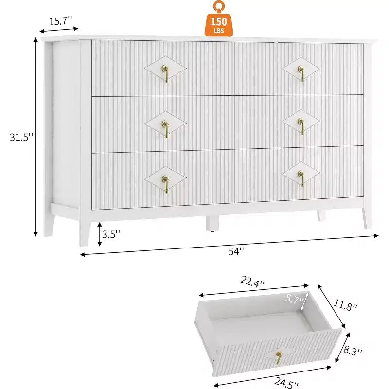 Coiffeuse de chambre à coucher avec 6 tiroirs, commode moderne de 137 cm de large avec poignées en métal, meuble de rangement en bois pour chambre, salon, couloir