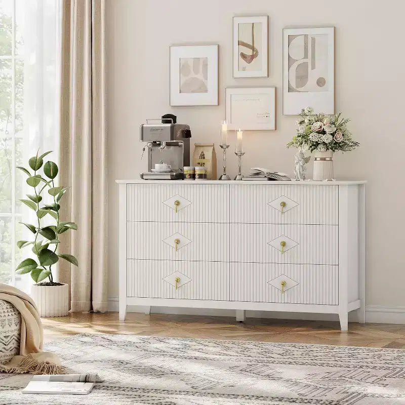 Coiffeuse de chambre à coucher avec 6 tiroirs, commode moderne de 137 cm de large avec poignées en métal, meuble de rangement en bois pour chambre, salon, couloir