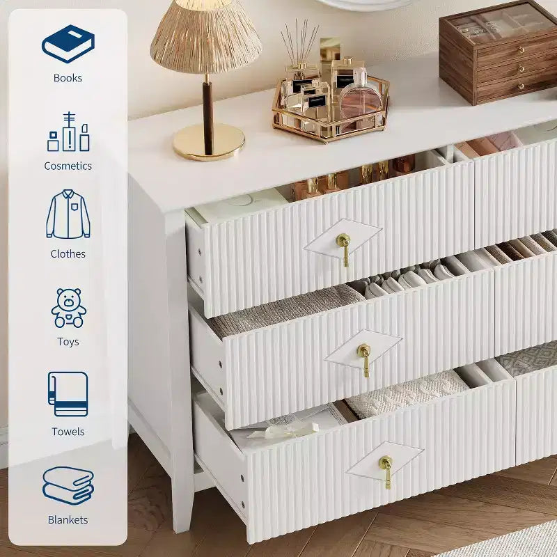 Coiffeuse de chambre à coucher avec 6 tiroirs, commode moderne de 137 cm de large avec poignées en métal, meuble de rangement en bois pour chambre, salon, couloir