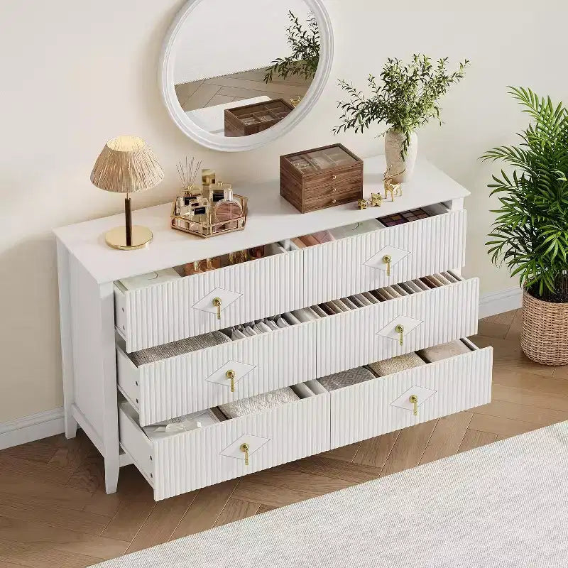 Coiffeuse de chambre à coucher avec 6 tiroirs, commode moderne de 137 cm de large avec poignées en métal, meuble de rangement en bois pour chambre, salon, couloir