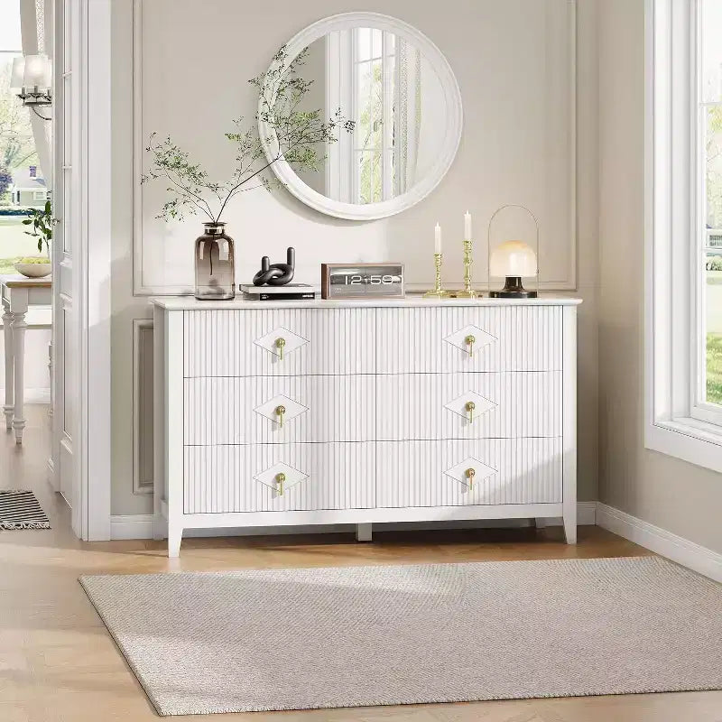 Coiffeuse de chambre à coucher avec 6 tiroirs, commode moderne de 137 cm de large avec poignées en métal, meuble de rangement en bois pour chambre, salon, couloir