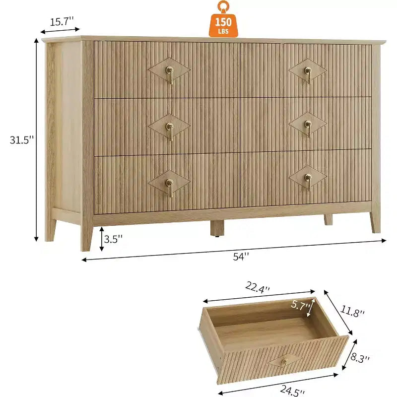 Coiffeuse de chambre à coucher avec 6 tiroirs, commode moderne de 137 cm de large avec poignées en métal, meuble de rangement en bois pour chambre, salon, couloir
