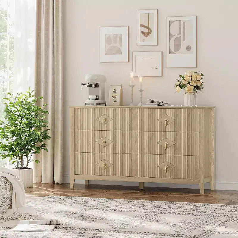Coiffeuse de chambre à coucher avec 6 tiroirs, commode moderne de 137 cm de large avec poignées en métal, meuble de rangement en bois pour chambre, salon, couloir
