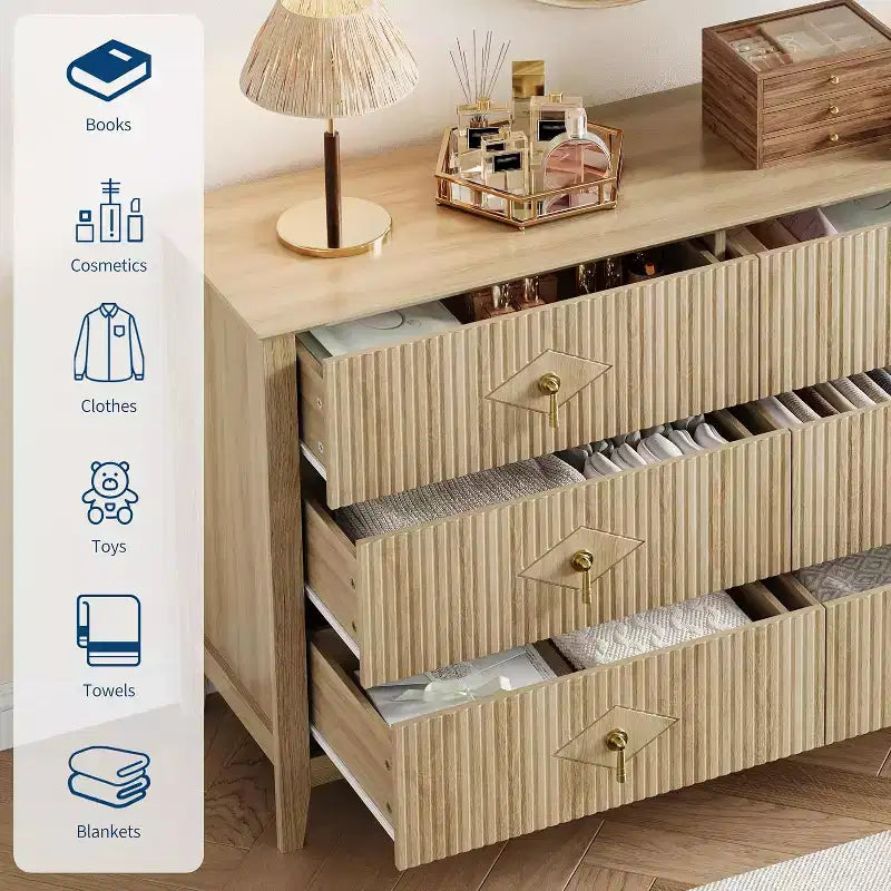 Coiffeuse de chambre à coucher avec 6 tiroirs, commode moderne de 137 cm de large avec poignées en métal, meuble de rangement en bois pour chambre, salon, couloir
