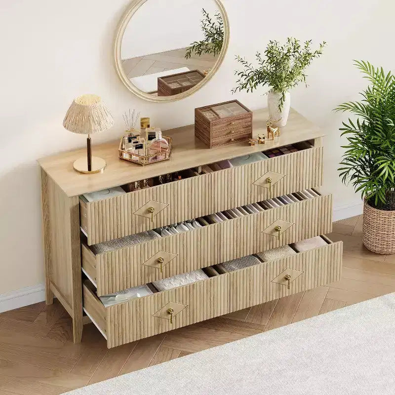 Coiffeuse de chambre à coucher avec 6 tiroirs, commode moderne de 137 cm de large avec poignées en métal, meuble de rangement en bois pour chambre, salon, couloir