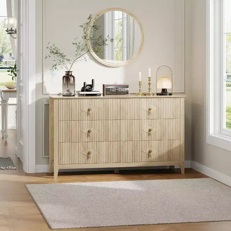 Coiffeuse de chambre à coucher avec 6 tiroirs, commode moderne de 137 cm de large avec poignées en métal, meuble de rangement en bois pour chambre, salon, couloir