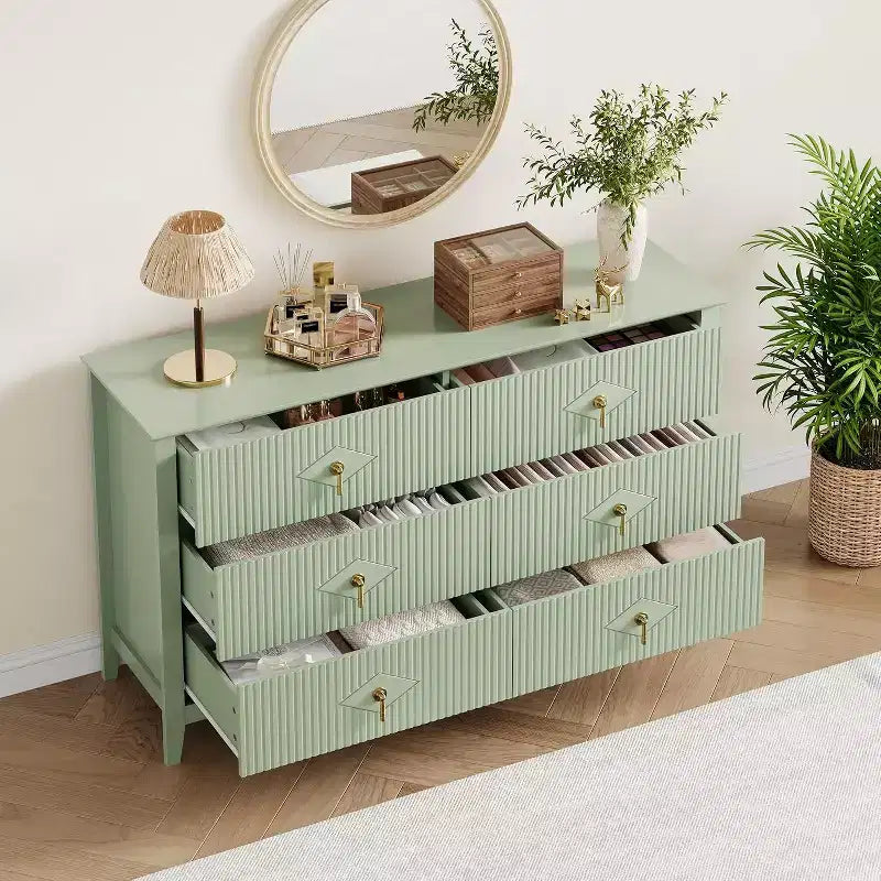 Coiffeuse de chambre à coucher avec 6 tiroirs, commode moderne de 137 cm de large avec poignées en métal, meuble de rangement en bois pour chambre, salon, couloir