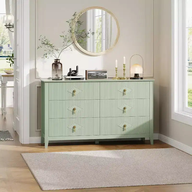 Coiffeuse de chambre à coucher avec 6 tiroirs, commode moderne de 137 cm de large avec poignées en métal, meuble de rangement en bois pour chambre, salon, couloir