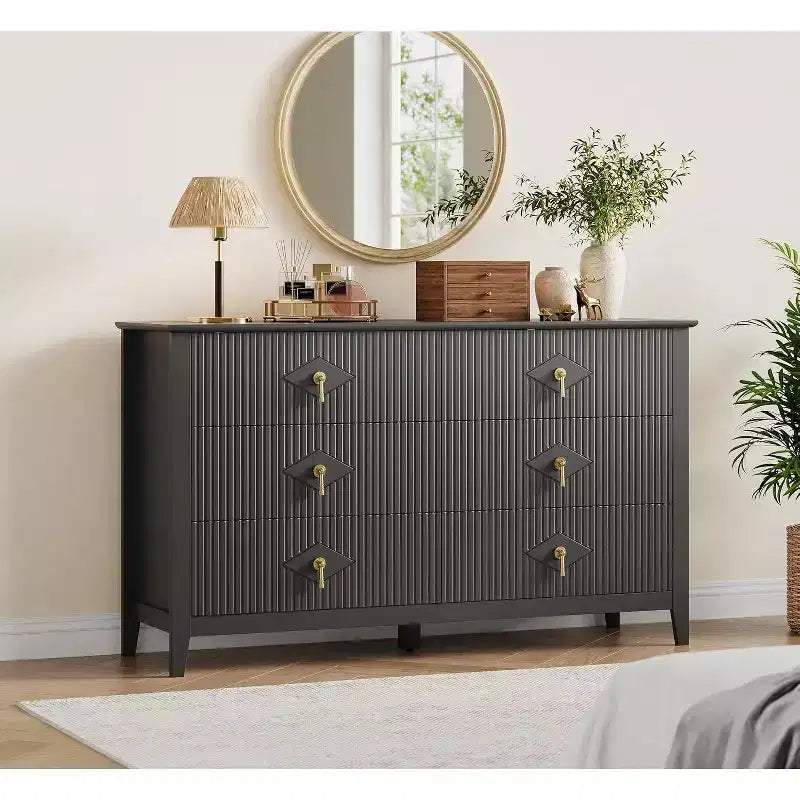 Coiffeuse de chambre à coucher avec 6 tiroirs, commode moderne de 137 cm de large avec poignées en métal, meuble de rangement en bois pour chambre, salon, couloir