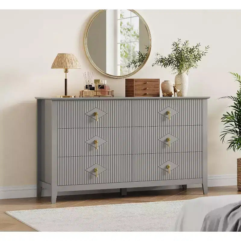 Coiffeuse de chambre à coucher avec 6 tiroirs, commode moderne de 137 cm de large avec poignées en métal, meuble de rangement en bois pour chambre, salon, couloir