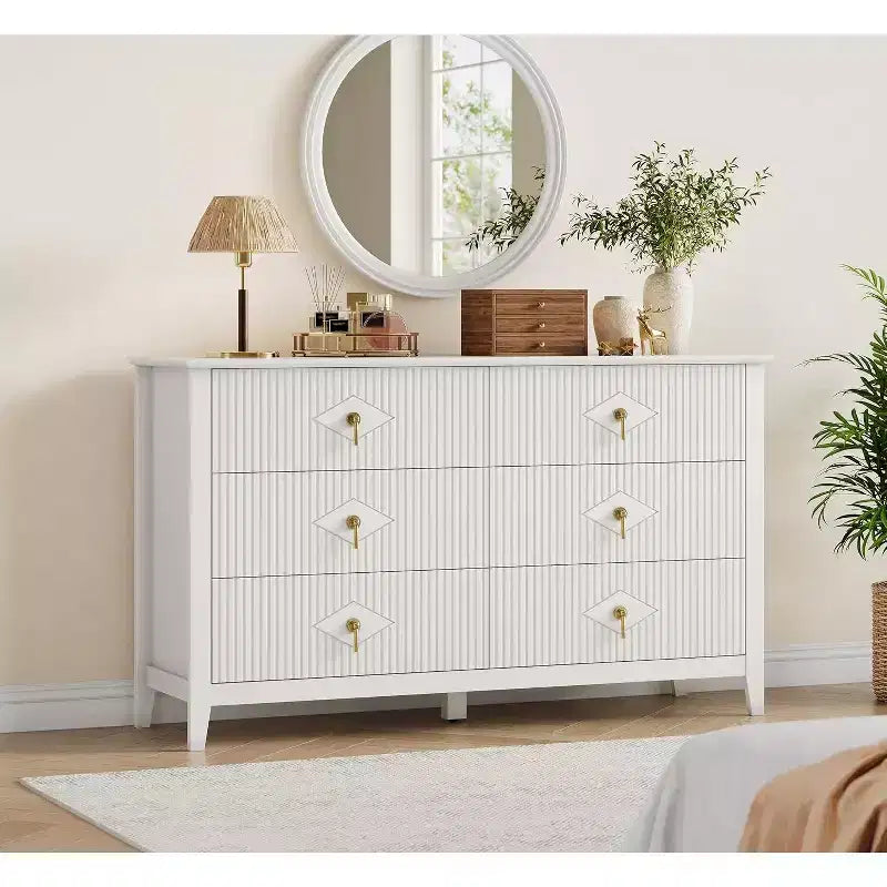 Coiffeuse de chambre à coucher avec 6 tiroirs, commode moderne de 137 cm de large avec poignées en métal, meuble de rangement en bois pour chambre, salon, couloir