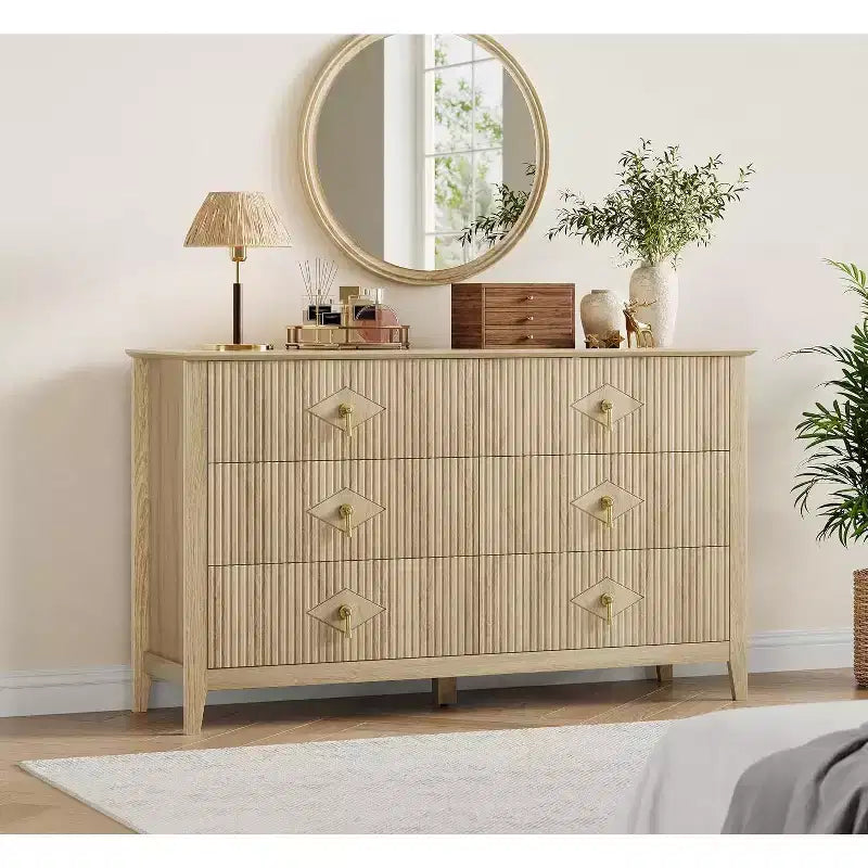 Coiffeuse de chambre à coucher avec 6 tiroirs, commode moderne de 137 cm de large avec poignées en métal, meuble de rangement en bois pour chambre, salon, couloir