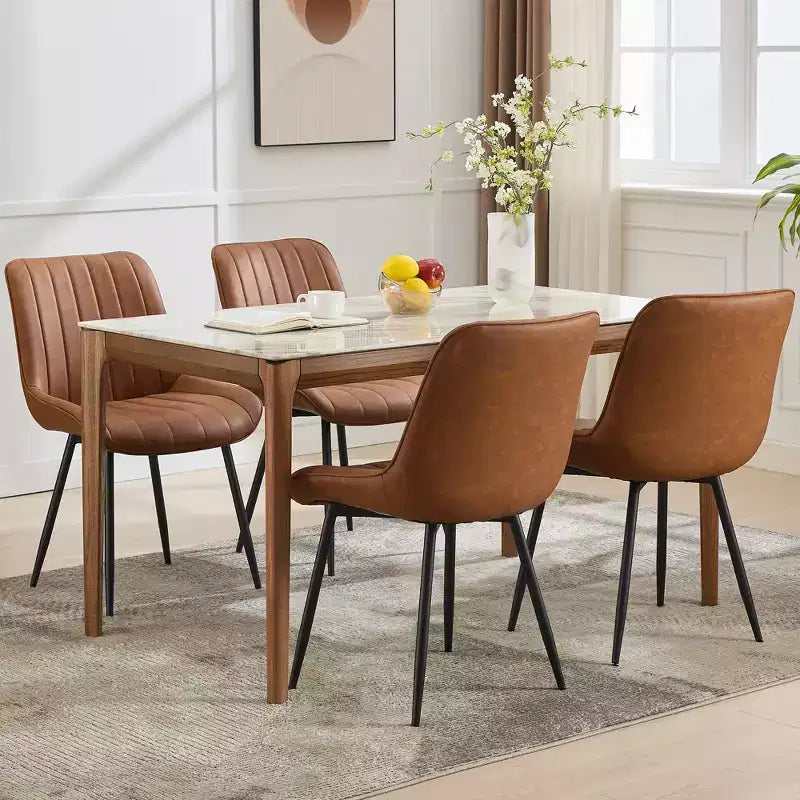 Lot de 2 chaises de salle à manger, assise rembourrée en similicuir moderne avec pieds en métal robustes, chaises d'appoint pour cuisine et salle à manger au design linéaire, marron