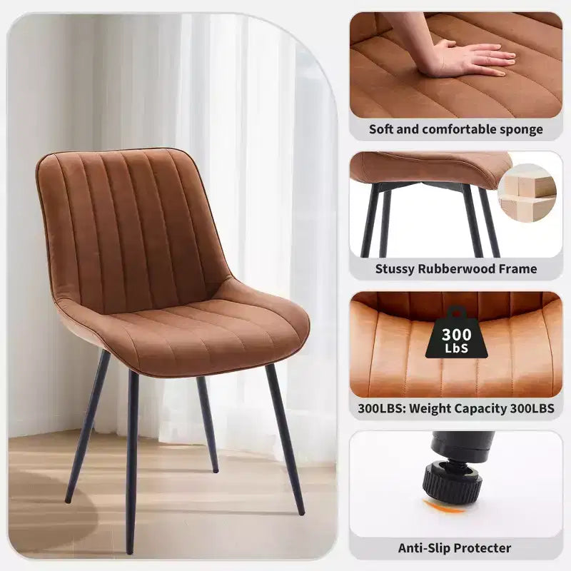 Lot de 2 chaises de salle à manger, assise rembourrée en similicuir moderne avec pieds en métal robustes, chaises d'appoint pour cuisine et salle à manger au design linéaire, marron