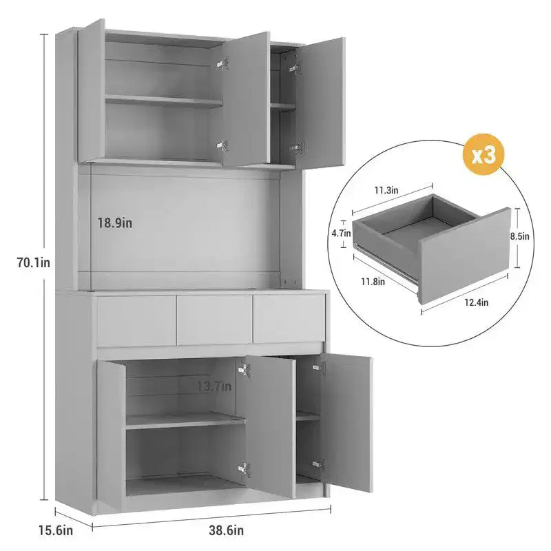 Coolmee Meuble de cuisine garde-manger 180 cm, Armoire de rangement avec lumières LED et prises de courant, Buffet avec support micro-ondes, Étagères réglables