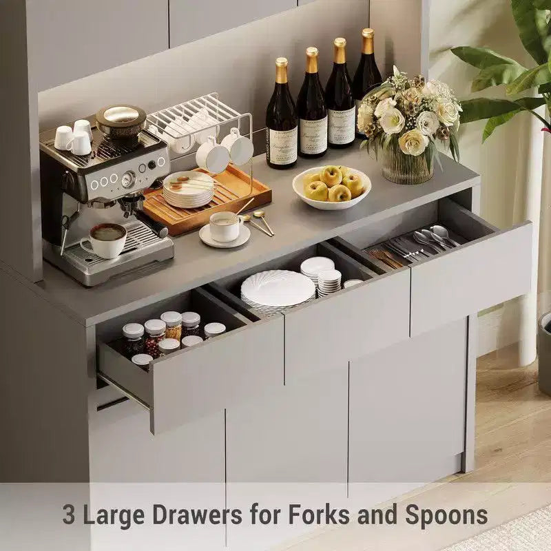 Coolmee Meuble de cuisine garde-manger 180 cm, Armoire de rangement avec lumières LED et prises de courant, Buffet avec support micro-ondes, Étagères réglables