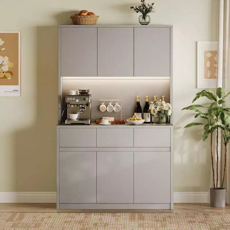 Coolmee Meuble de cuisine garde-manger 180 cm, Armoire de rangement avec lumières LED et prises de courant, Buffet avec support micro-ondes, Étagères réglables