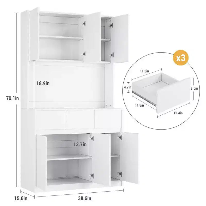Coolmee Meuble de cuisine garde-manger 180 cm, Armoire de rangement avec lumières LED et prises de courant, Buffet avec support micro-ondes, Étagères réglables